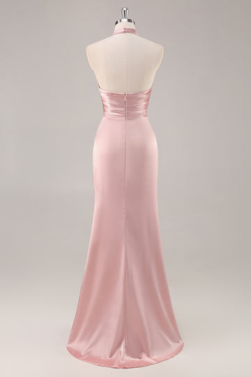 Blush High Neck Satin Ruched Long Bridesmaid Dress with Slit